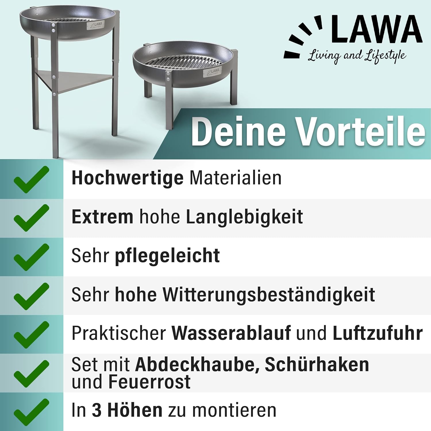 Edelstahl Feuerschale 60cm V2A / 304 18/8 Stahl 3 Höhen Set Abdeckhaube Feuerrost Feuerhaken Klöpperboden Feuerstelle Outdoor Grill Terrassenfeuer Rund Dreibein Garten Grillschale Feuerkorb Terrasse