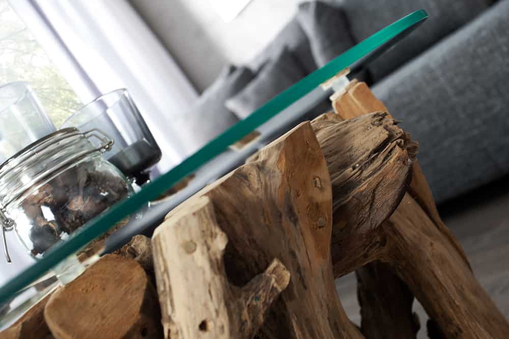 Design Couchtisch NATURE LOUNGE 60cm Teakholz mit runder Glasplatte Beistelltisch