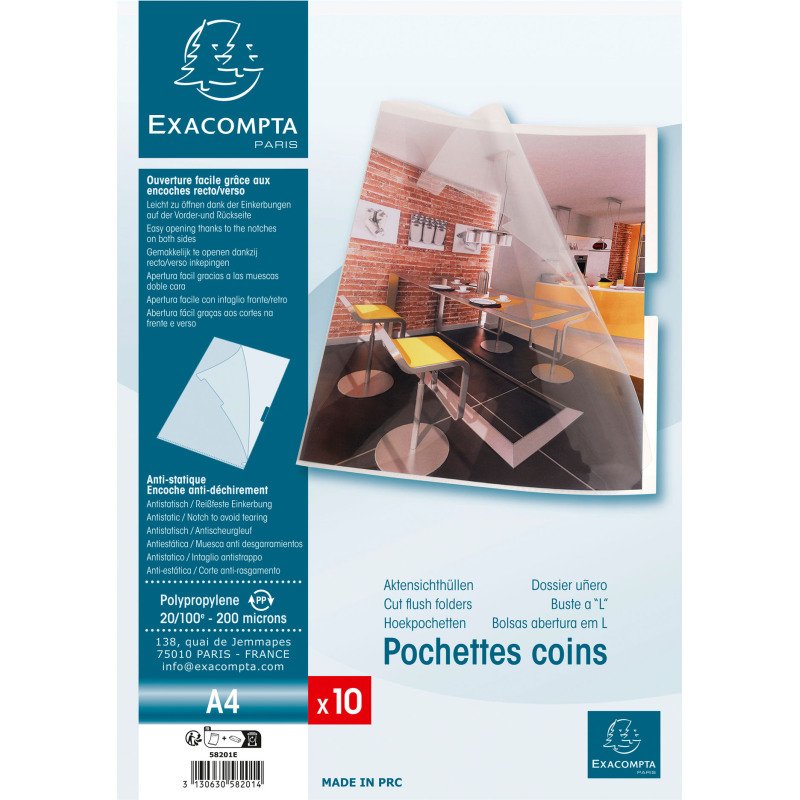 Chemise coin plastique Exacompta A4 polypropylène 20/100e transparente incolore - Paquet de 10