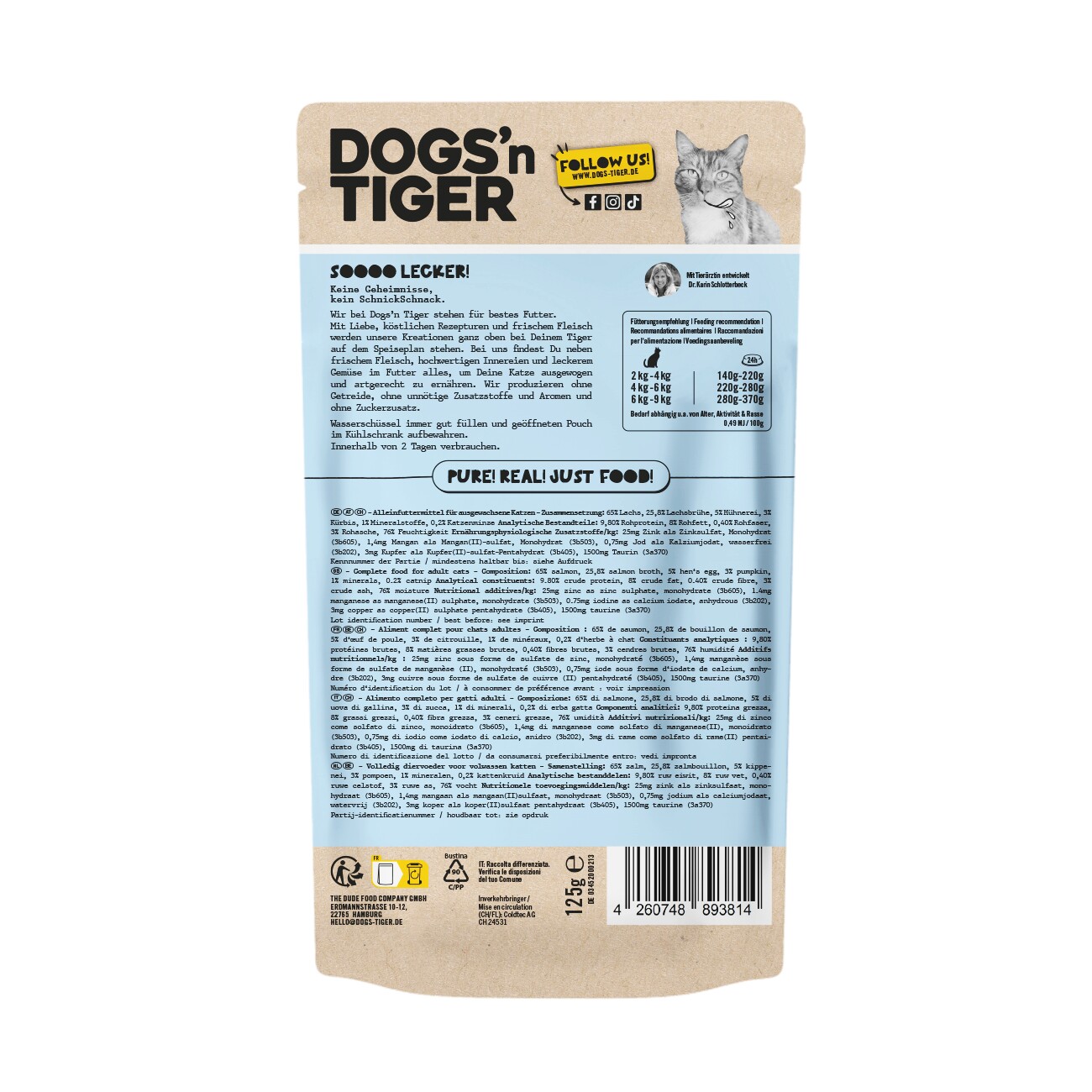 Dogs'n Tiger Adult Nassfutter Katze, Allerlei, Lachs, Ei & Kürbis, 24x 125g