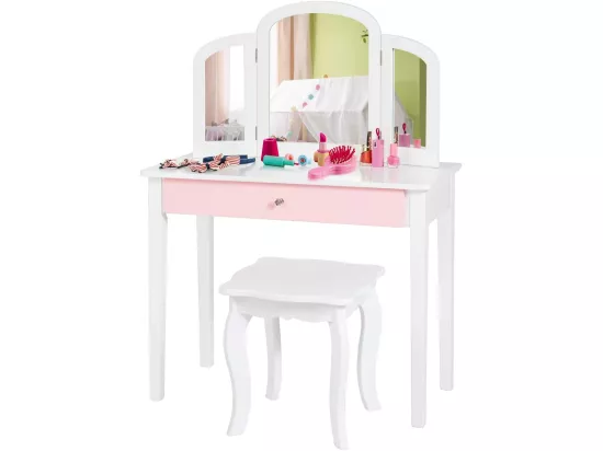 Coiffeuse pour Enfants 2 en 1 avec Miroir Amovible et Pliable, 1 Grand Tiroir Style Princesse Blanc