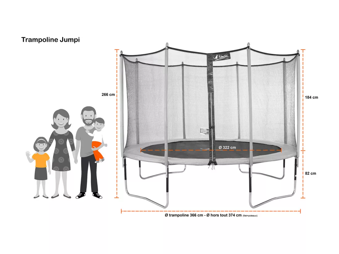 Kangui - Trampoline de jardin 365 cm + filet de sécurité + échelle + bâche de protection JUMPI Taupe/Vert 360.