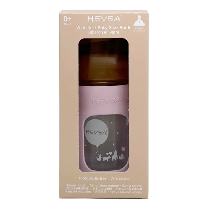 Hevea Biberon en verre à col large avec housse de protection Débit lent | Rose poudré