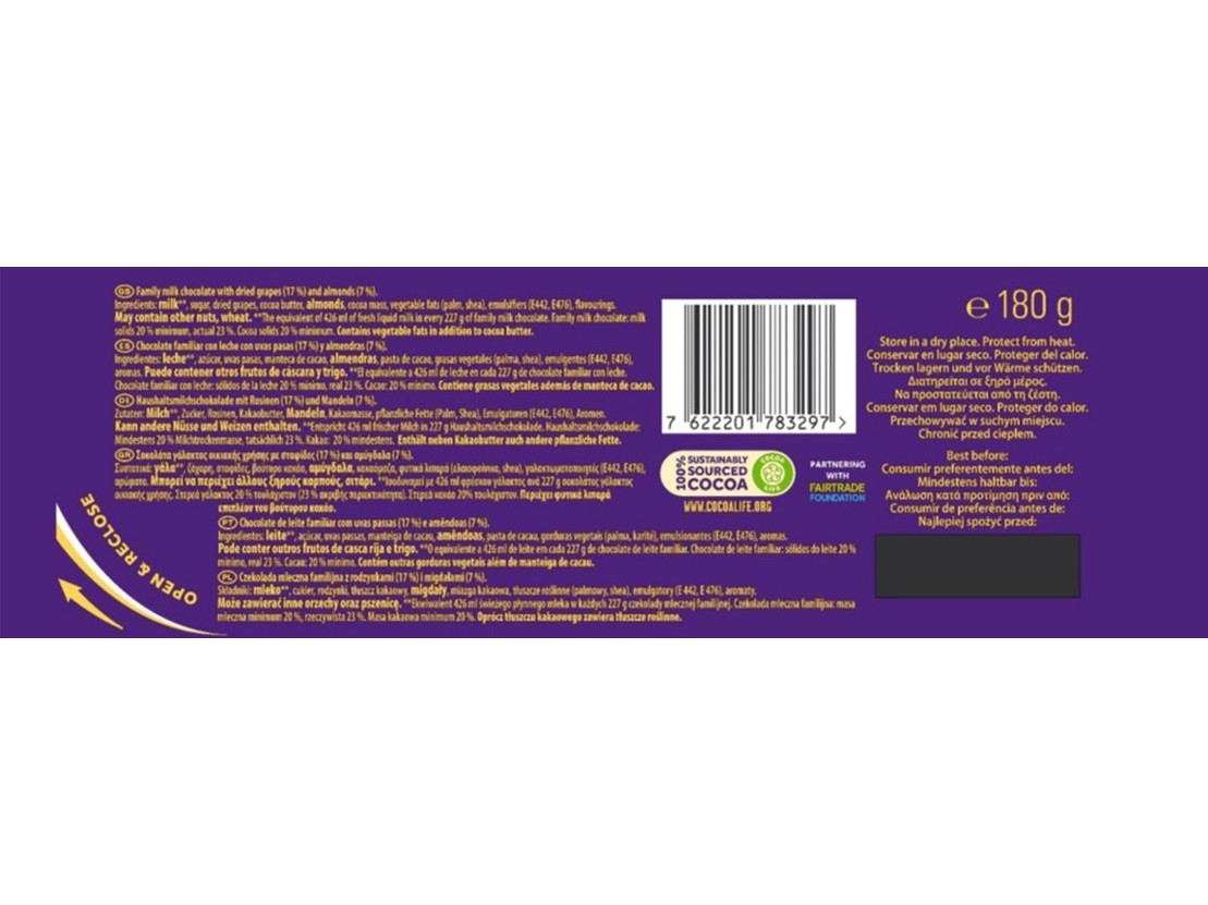 CHOCOLATE DE LEITE CADBURY MILK FRUIT&NUT 180 G