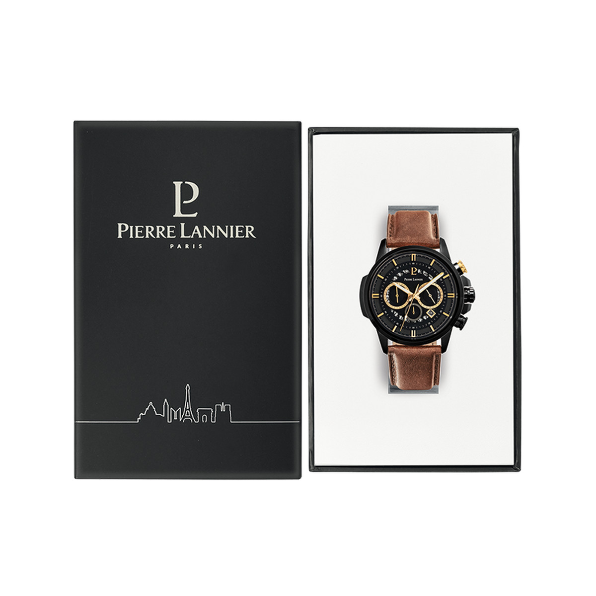 Montre PIERRE LANNIER Sentinelle homme chronographe acier noir  bracelet cuir brun