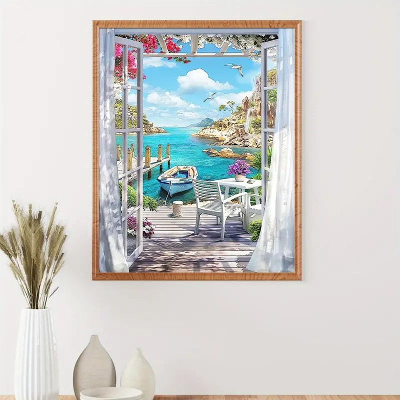 (9-tlg. Set) 40x50cm Malen Nach Zahlen DIY Leinen Tuch für Erwachsene und Kinder inkl. Bildaufhänger - Meerblick