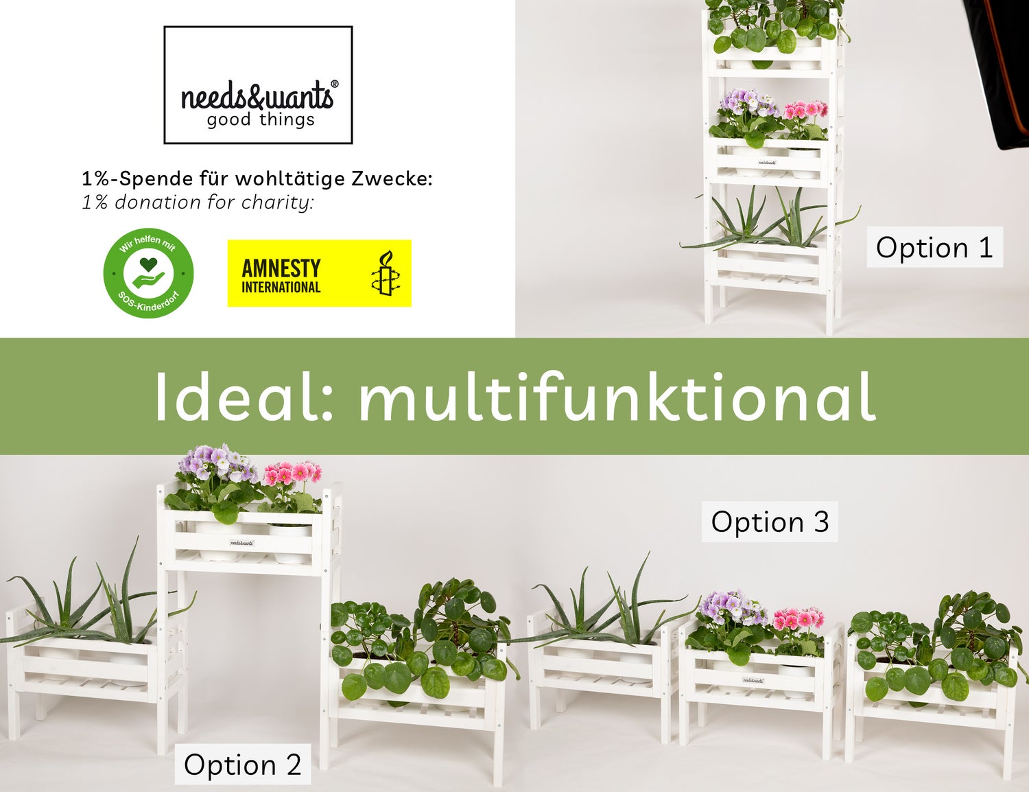 needs&wants® 3-in-1 Multifunctioneel: Houten plantenstandaard/bloemenstandaard, weerbestendig voor binnen- en buitengebruik, balkon/tuin, wandmontage, plantenplank/bloementrap, bijv. 51 x 23 x 122 cm hoog, wit