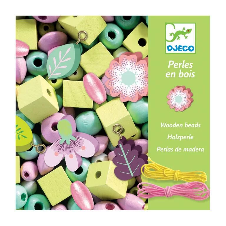 PERLES EN BOIS FEUILLES ET FLEURS