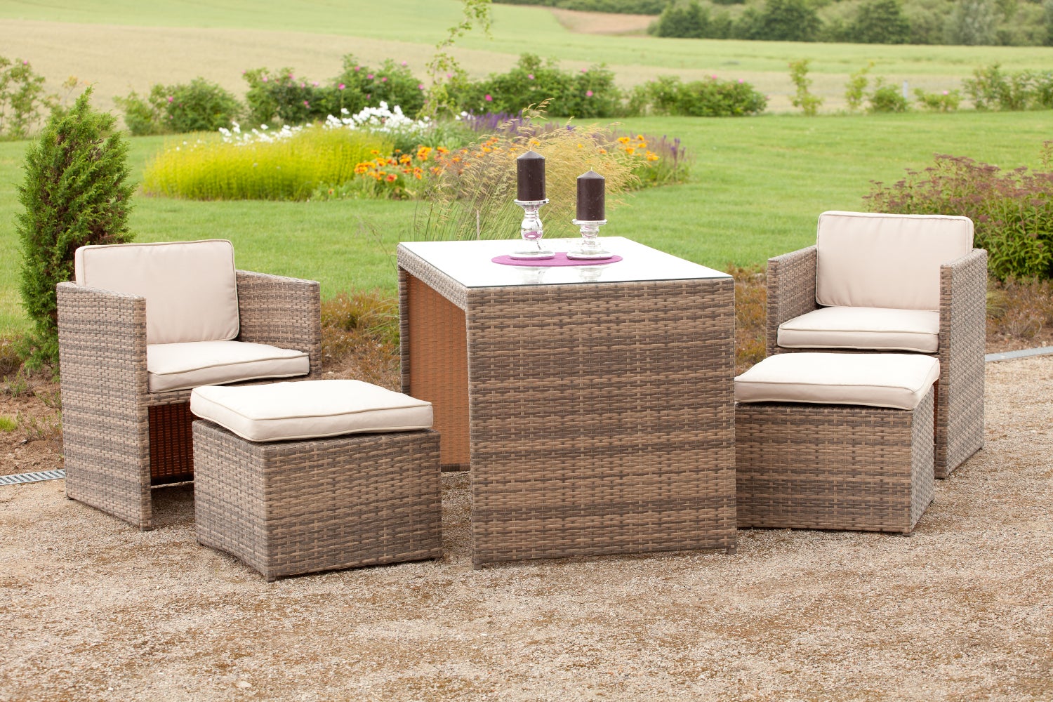 Tuinmeubelset Merano, 2 fauteuils, 2 krukken, 1 tafel, inclusief kussens, naturel
