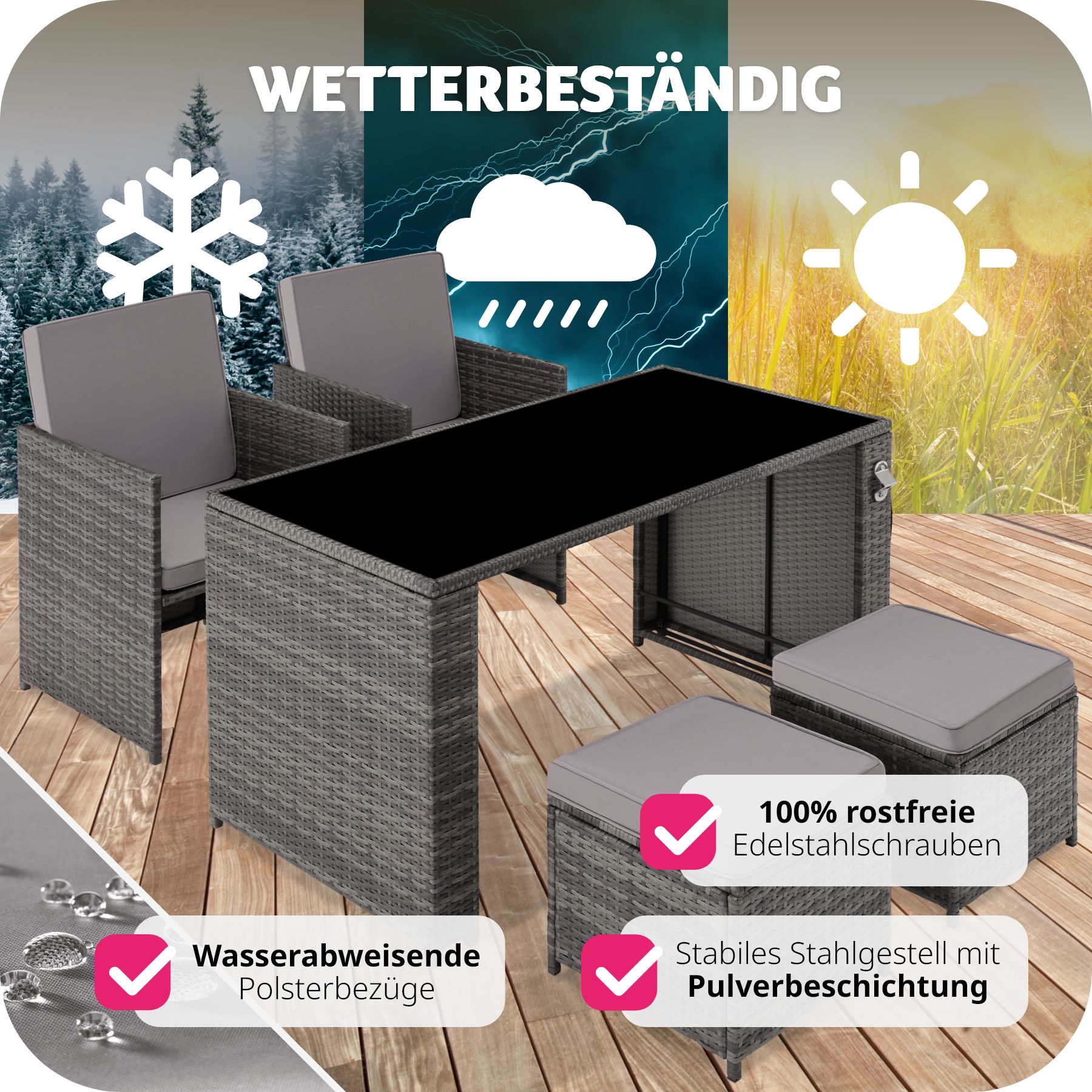 tectake® Rattan Sitzgruppe, für 2 bis 4 Personen, UV-beständig, inklusive Flaschenöffner, zusammenschiebbar