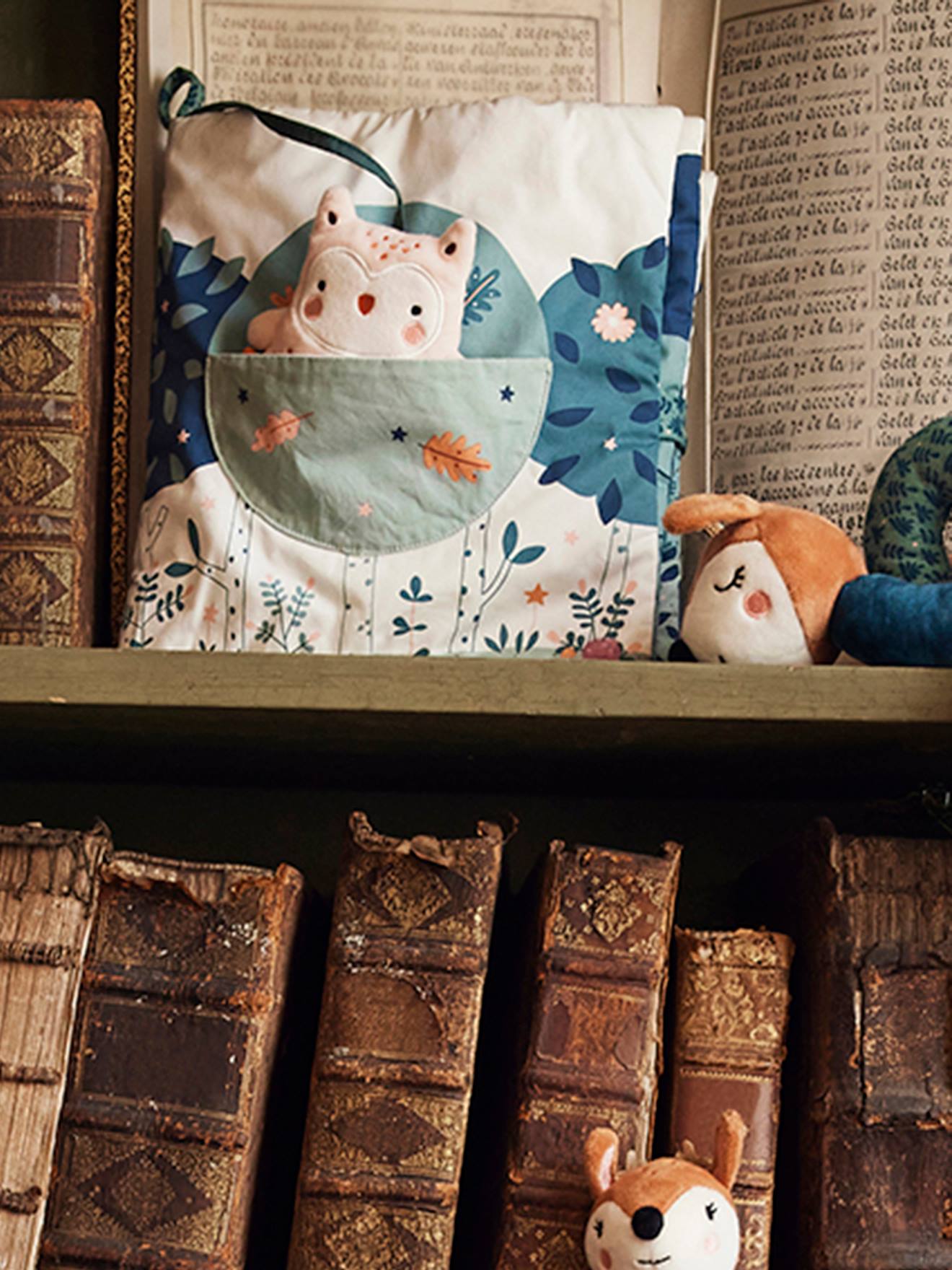 Livro de estimulação + bichinhos de pelúcia multicoloridos de veludo Forêt Enchantée