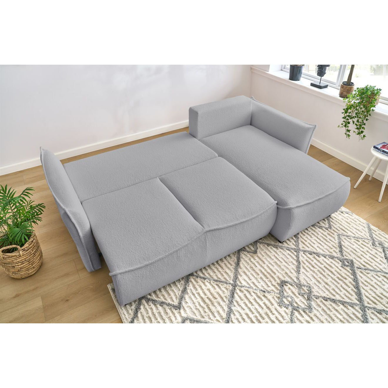 Bobochic Canapé d'angle droit convertible bouclette Léon gris clair - 242x158x90 cm
