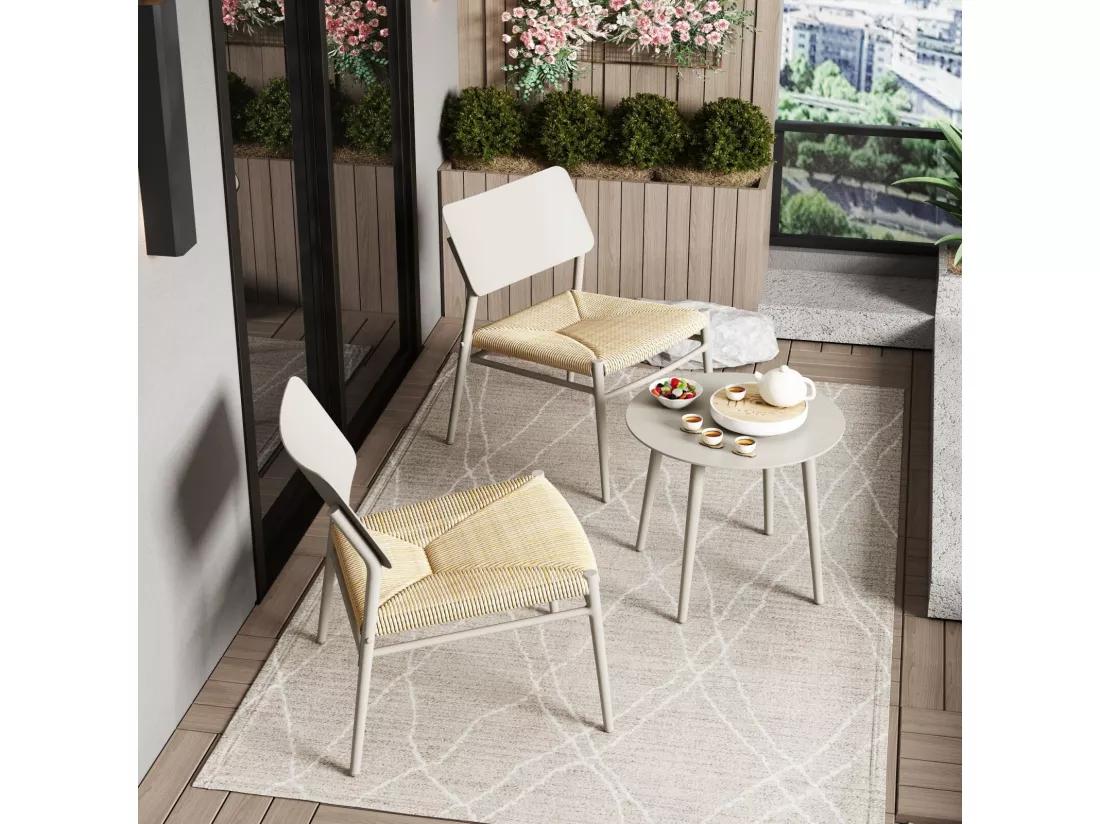Salon de jardin en aluminium et rotin - table basse et 2 chaise ergonomie - charge max 150kg - Beige