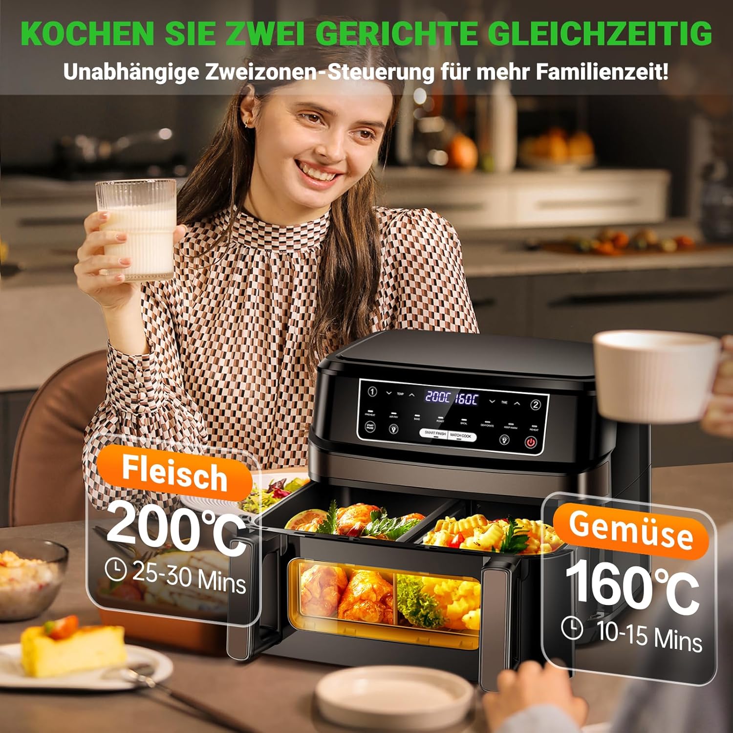 Heißluftfritteuse XXL | 12L Airfryer Variabel Für Einzel-und Zweikammer, 8-in-1 Heissluftfritteuse Doppelkammer Separate Temperaturregelung, Air Fryer 2 Kammern Touchscreen Max 200℃ Fettarmes Kochen