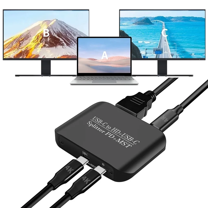 3-fach HDMI 4K Splitter Umschaltbox 2 x Input / 2 x Output Adapter mit HDR / MST / SST   PD Ladefunktion - Schwarz