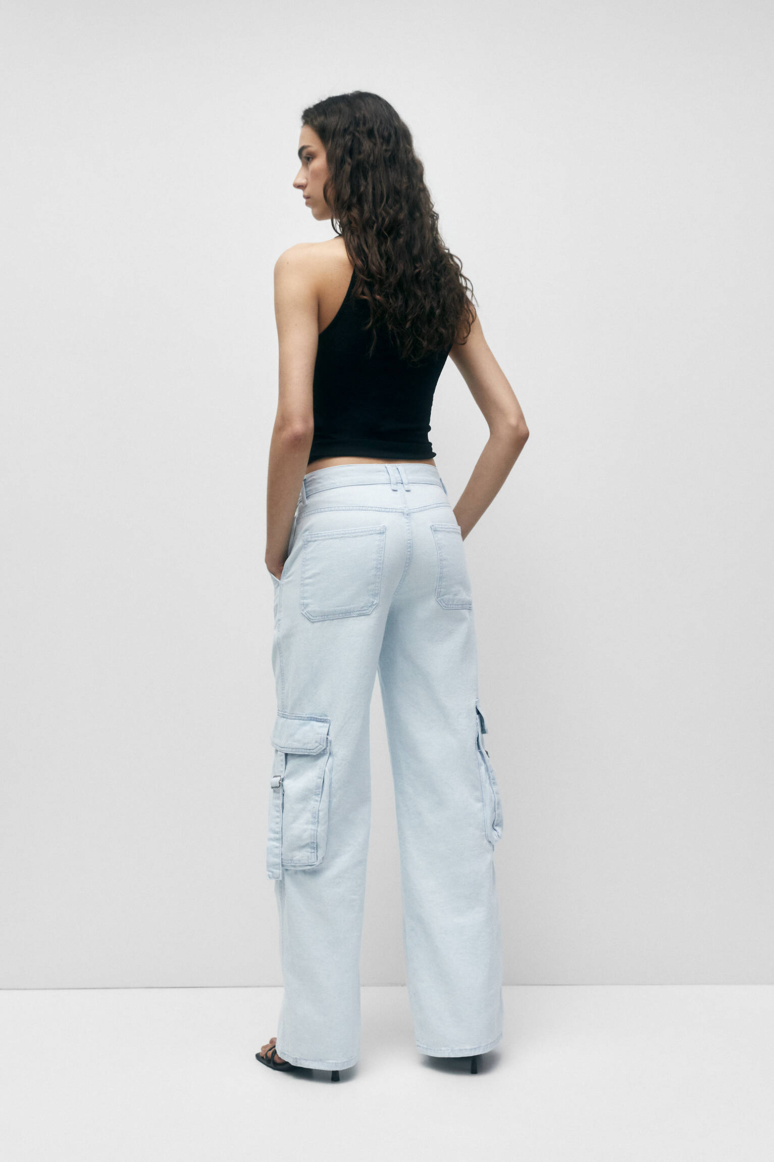 Calça jeans cargo de perna larga - Azul encantador