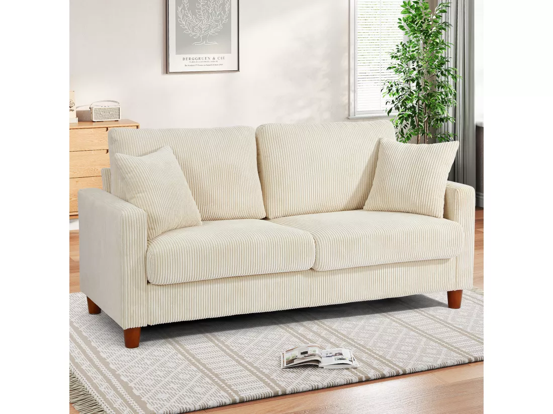 Canapé en velours 2 Places, avec 2 Coussins, sièges profonds de 56cm, 178x76x89cm, Beige