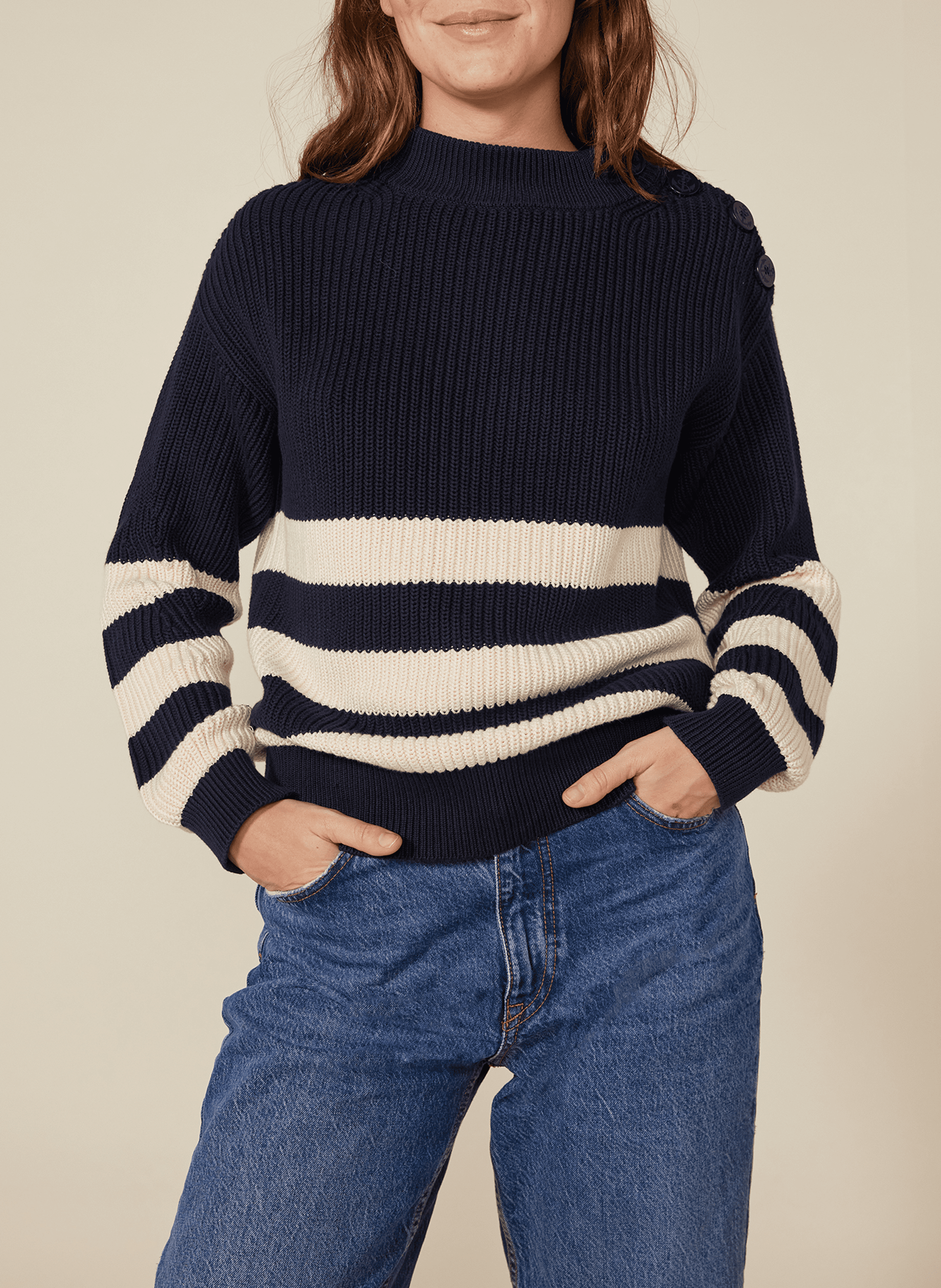 Pull col rond rayé en coton | Bleu