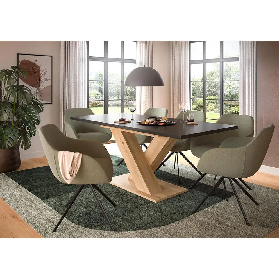 Hioshop Motion eetkamertafel X-poot 90x150/190cm incl 1 verlengblad grijs- eik