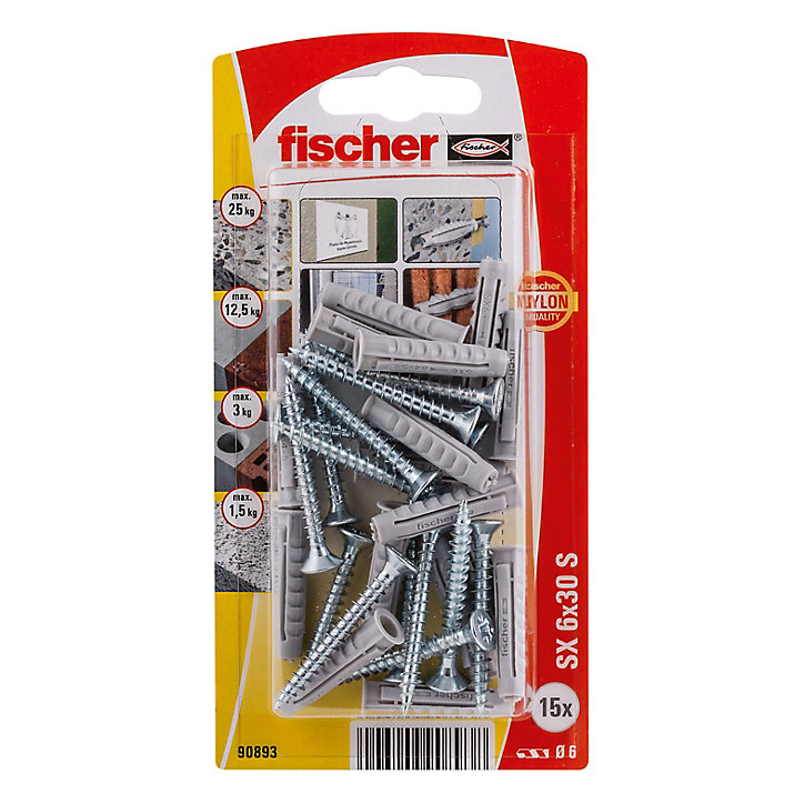 15 chevilles pour murs pleins Fischer Ø6x30mm