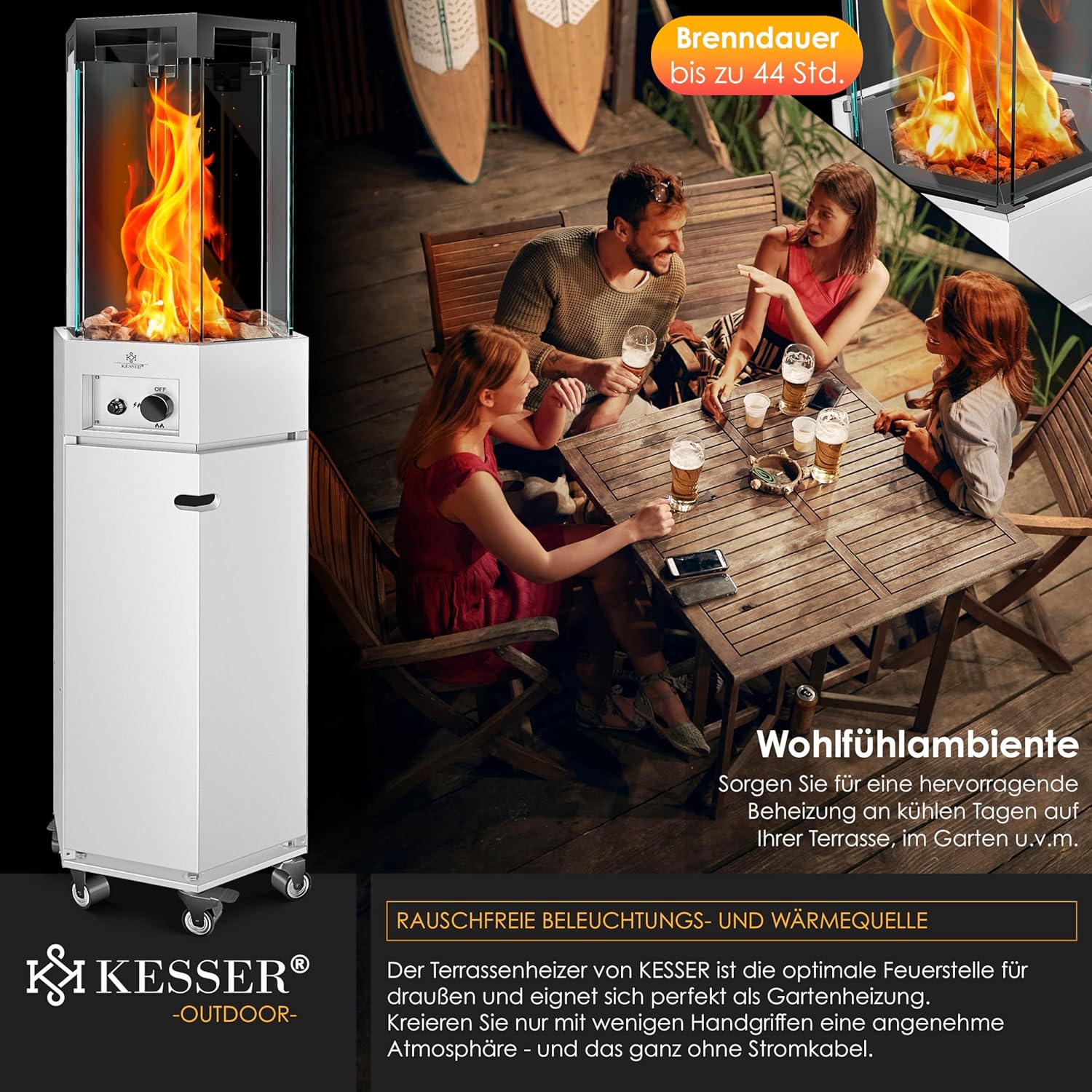 KESSER® Gasheizstrahler 4/8 kW Gas Piezozündung Heizung + Gasdruckregler + Cover, 360° Rollen Kippschutz, Terrassenheizstrahler Gasheizung Gasheizer Outdoor Kamin Mobiler Heizpilz, Heizer, Weiß