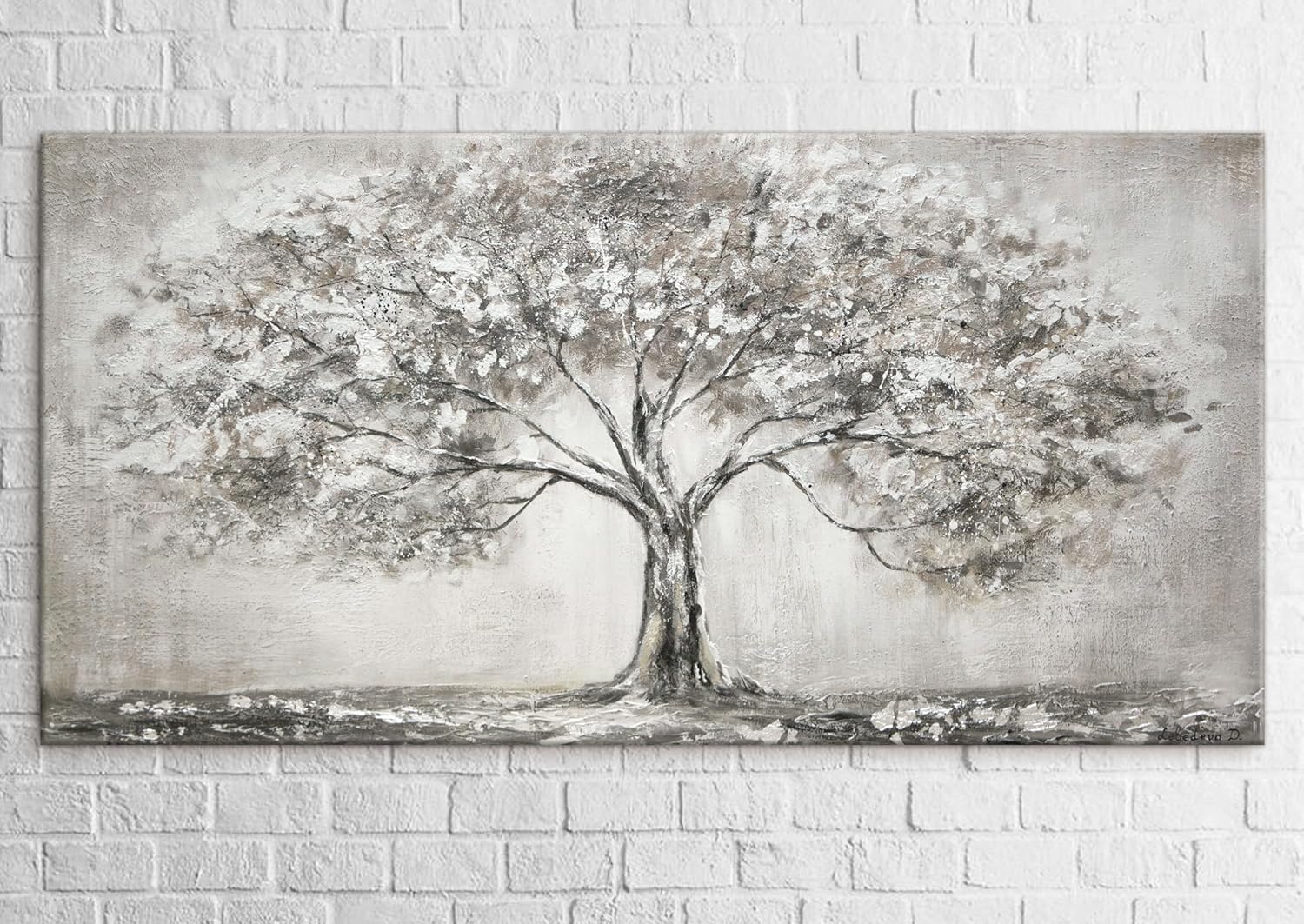 YS-Art Acryl Gemälde auf Leinwand handgemalt Lebensbaum Abstrakte Kunst Bilder Wohnzimmer Wandbilder modern mit grau Farben Grauen Farben 160x80 cm