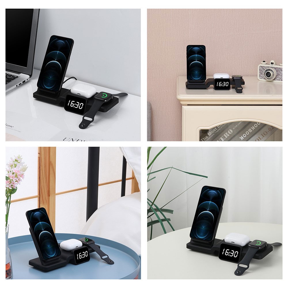 (15W) 4in1 Qi Wireless Fast Charging Ladegerät Ständer Dockingstation Apple Watch / Smartphone / AirPods mit Zeitanzeige - Schwarz