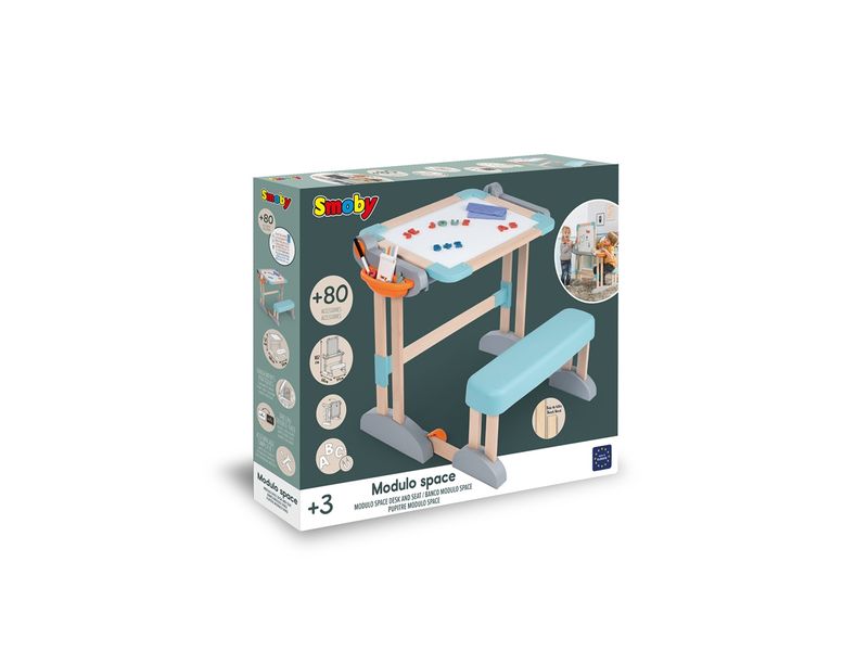 Smoby Holzschchreibtisch 2-in-1 Zusammenklappbarer Schreibtisch mit integrierter Sitzbank und Zubehör