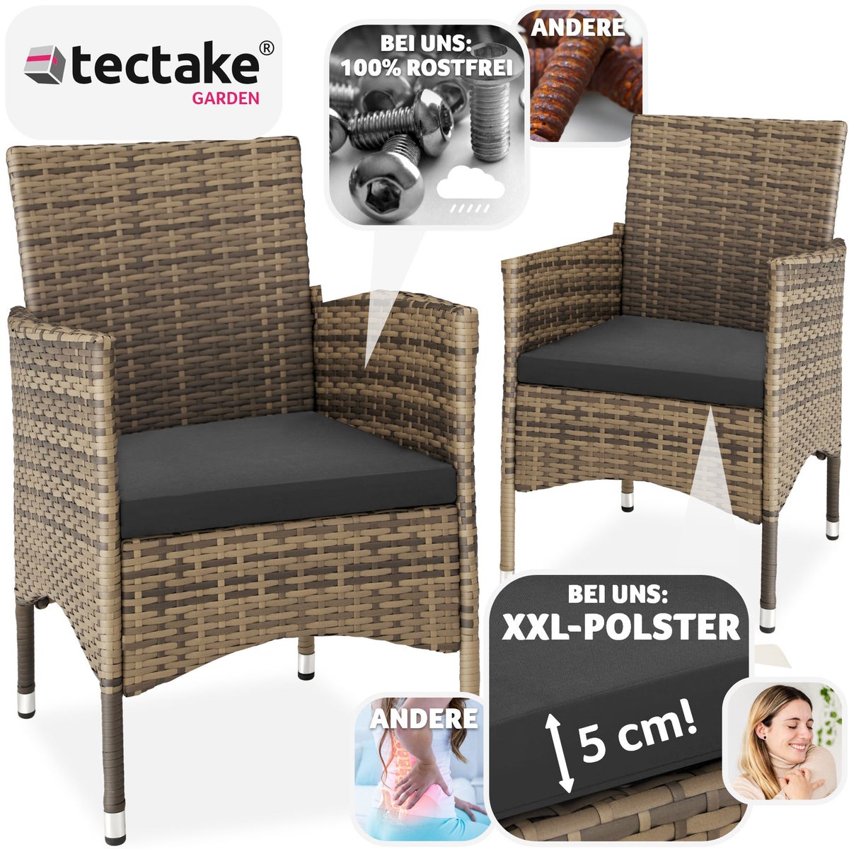 Set van 2 rotan stoelen tectake Nantes, duurzaam, 59 x 57 x 85 cm