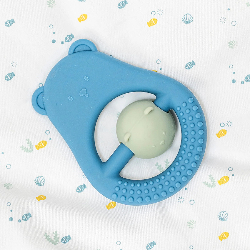 Hochet de dentition en silicone Maman ours et bébé bleu