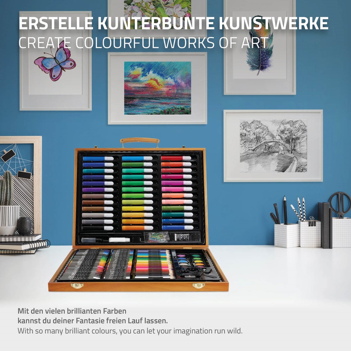 ECD Germany 150-delige schilderset met houten kist, schilderkist, verfdoos, kunst- en tekenset, acrylverf, kleurpotloden, kleurpotloden, waterverf en accessoires, kunstenaarsset voor tekenen, kunstbenodigdheden