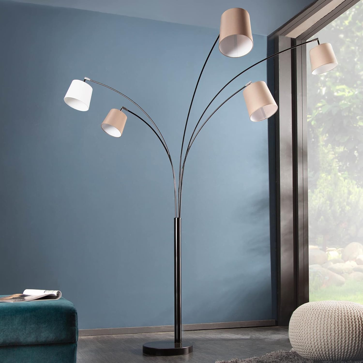 invicta INTERIOR 5-flammige Design Bogenlampe LEVELS weiß beige braun mit 5 Leinen Schirmen Stehlampe Lampe Stoffschirm Leseleuchte