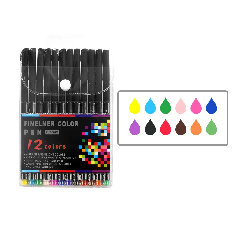 (12er Set) 0.4mm Fineliner Marker Pen Faserschreiber Skizzier Feinschreiber Stifte - Bunt