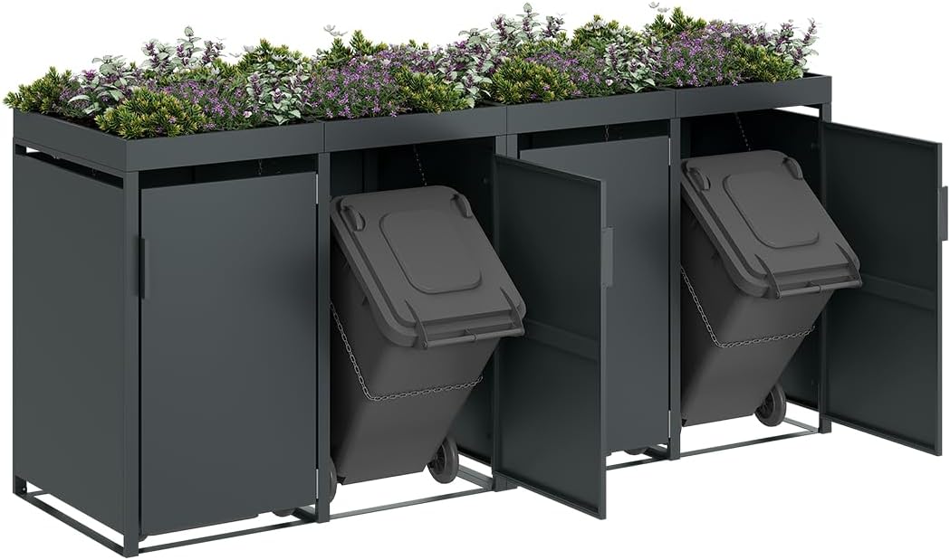STEELSØN Thoria Mülltonnenbox 4er bis 240L mit Pflanzendach – Mülltonnenverkleidung aus Stahl für 4 Tonnen – Müllcontainer in Anthrazit – Müllbox mit Pflanzenkasten – Gerätebox 125x80x268 cm (HxTxB)