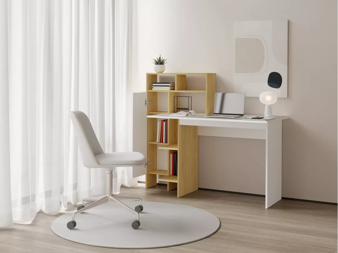 Bureau avec 1 placard et 4 niches - Blanc et naturel - MONTOLANIA