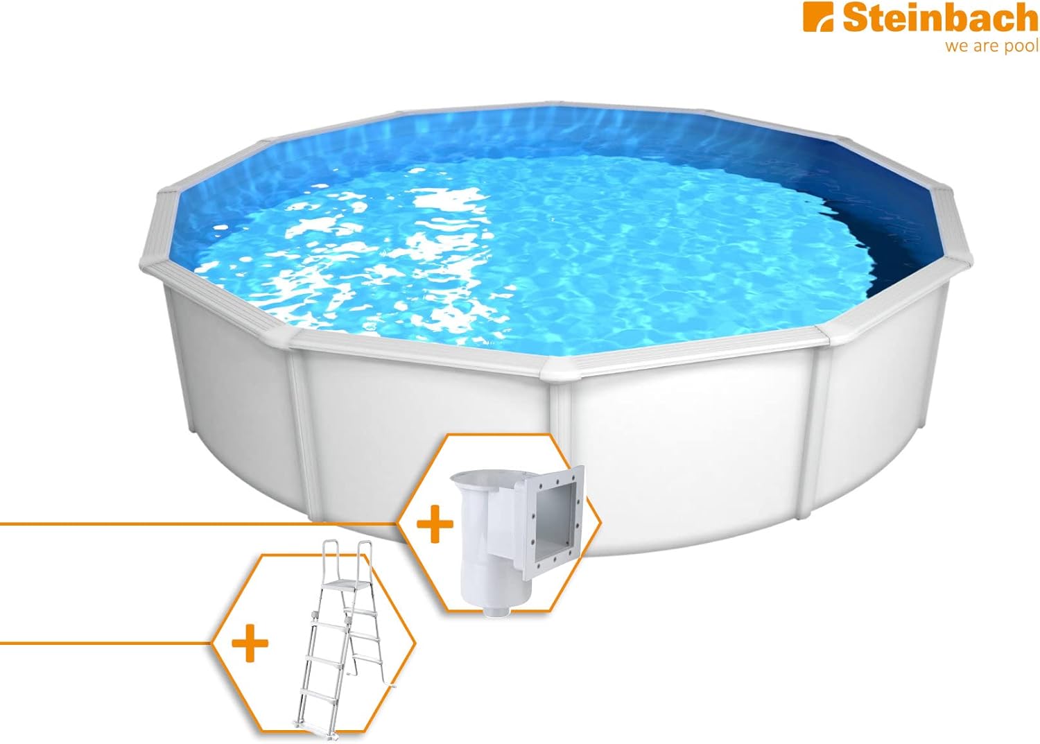 Steinbach Stahlwandpool Set Nuovo de Luxe II – 012151 – Ø 460 x 120 cm – Robuster Pool in Weiß für bis zu 17.900 l Wasserinhalt – Mit winterfester blauer Innenfolie und zahlreichem Zubehör