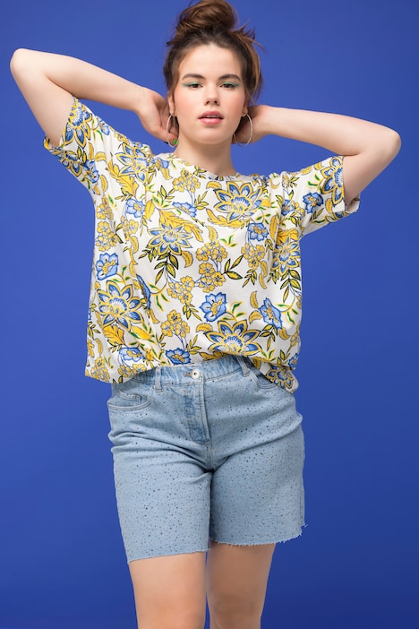 T-Shirt, oversized, Flowerprint, Rundhals, Halbarm