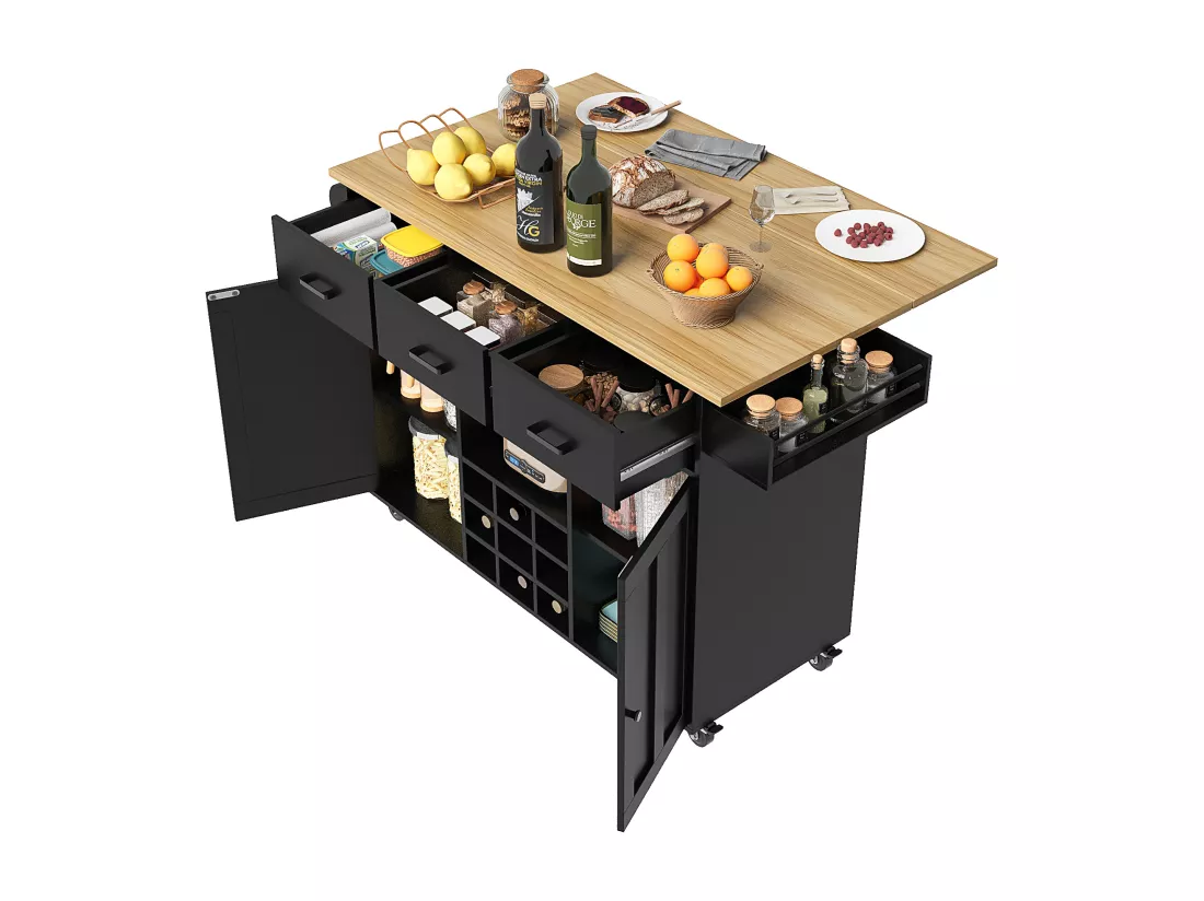 Ilot central de cuisine - chariot à roulette avec plateau extensible - 3 tiroirs et 2 portes - Noir