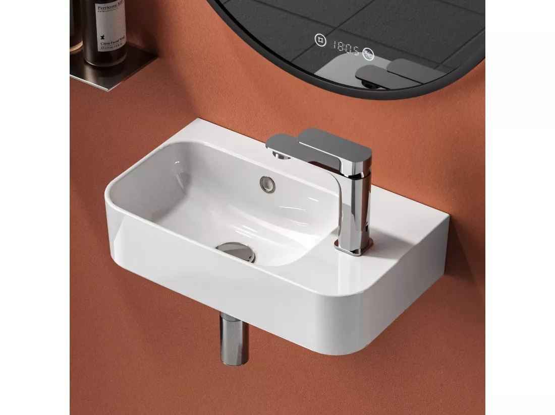 EMKE Lavabo Mural de Salle de Bain 450 x 265 x 156 mm, Vasque Rectangulaire en Céramique, Trou pour Robinet à Gauche, Blanc Brillant