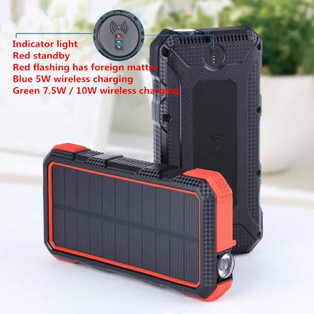 (18W) 20000mAh USB C Outdoor Solar Powerbank Qi Wireless Quick Charge Taschenlampe (Spritzwassergeschützt) - Schwarz