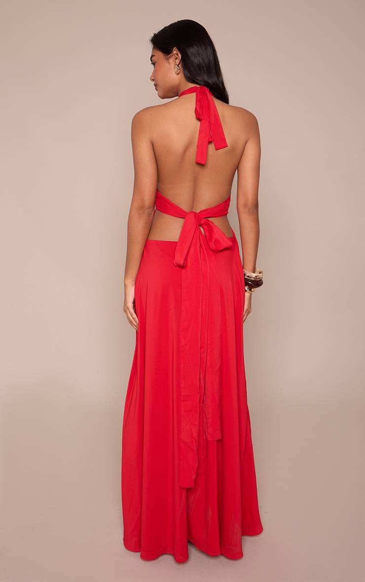 Rouge Robe Longue Fluide En Mousseline À Décolleté Plongeant