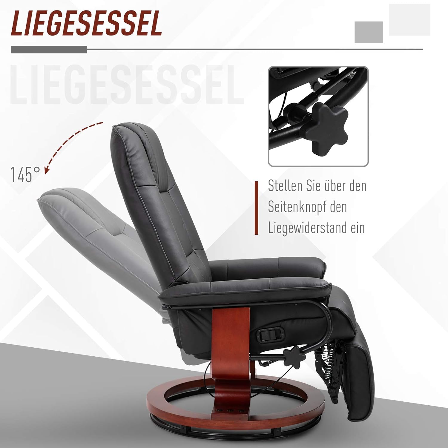 HOMCOM Relaxsessel mit Liegefunktion 360° Drehbar Fernsehsessel mit Verstellbar Rückenlehne, Fußstütze Ruhesessel Liegesessel TV-Sessel für Wohnzimmer Schlafzimmer Kunstleder Schwarz