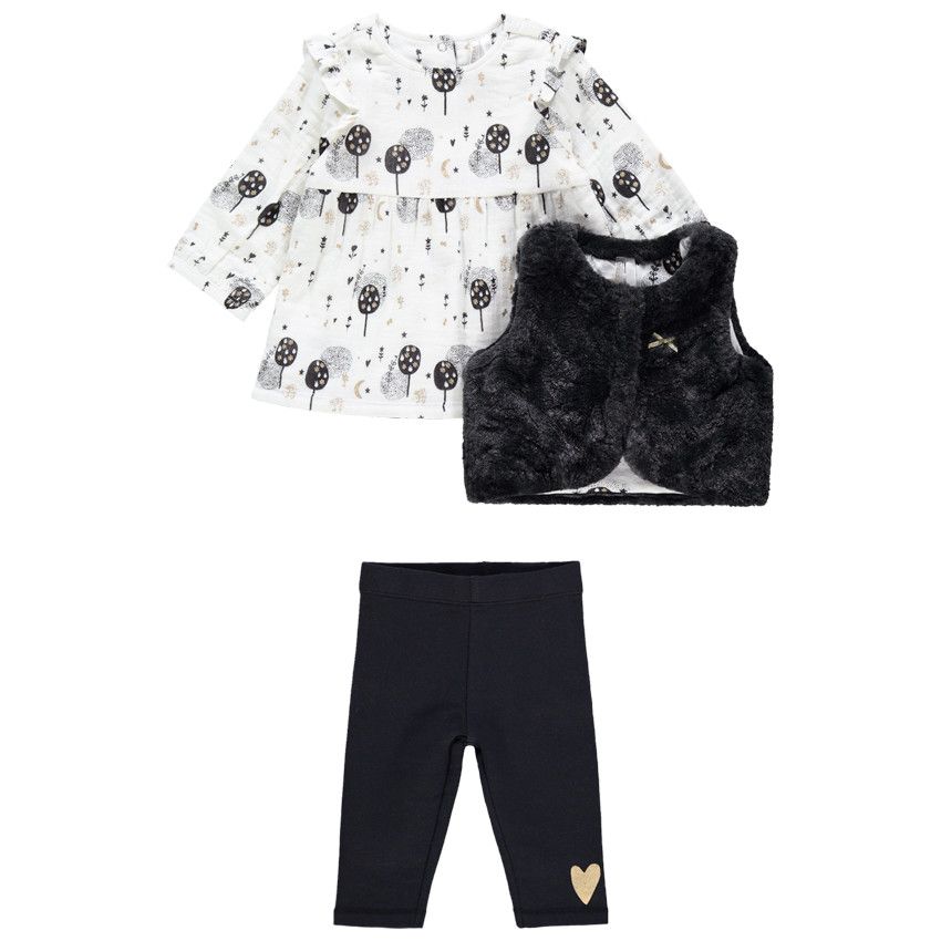 Ensemble 3 pièces avec tunique imprimée, gilet et legging print coeur - Gris foncé