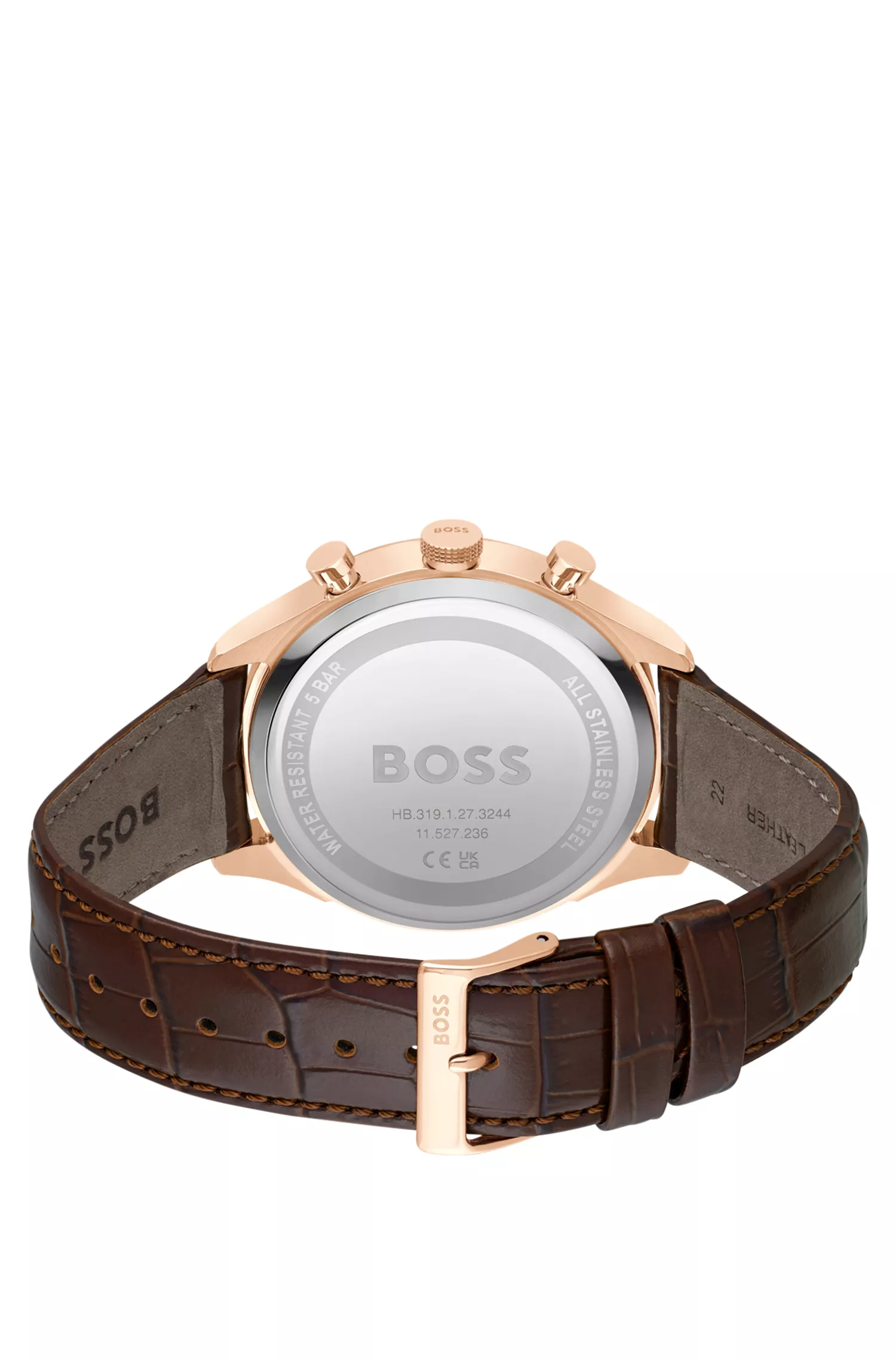 Relógio cronógrafo BOSS preto e dourado com pulseira de couro marrom.