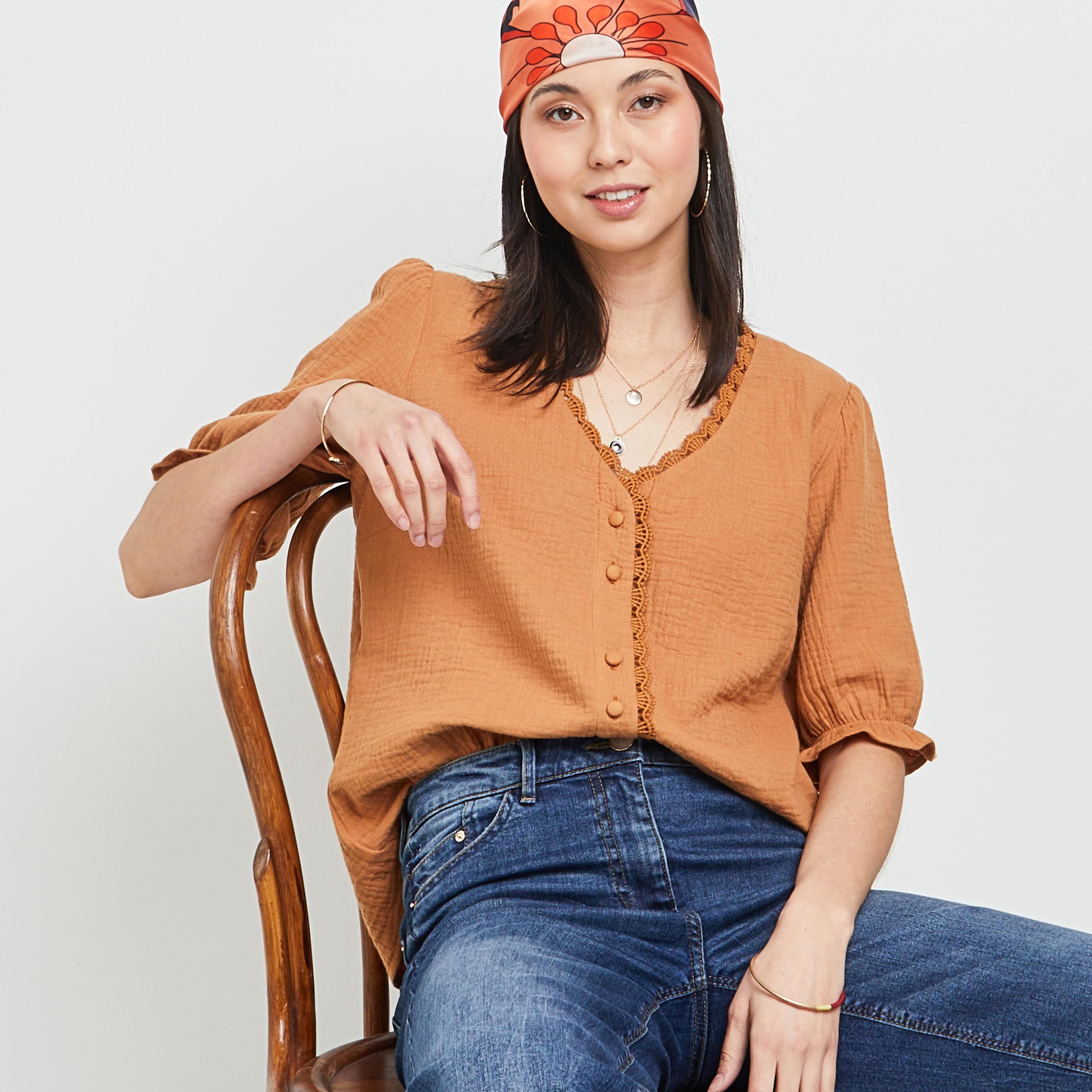 Chemisier en gaze de coton femme - CAMEL