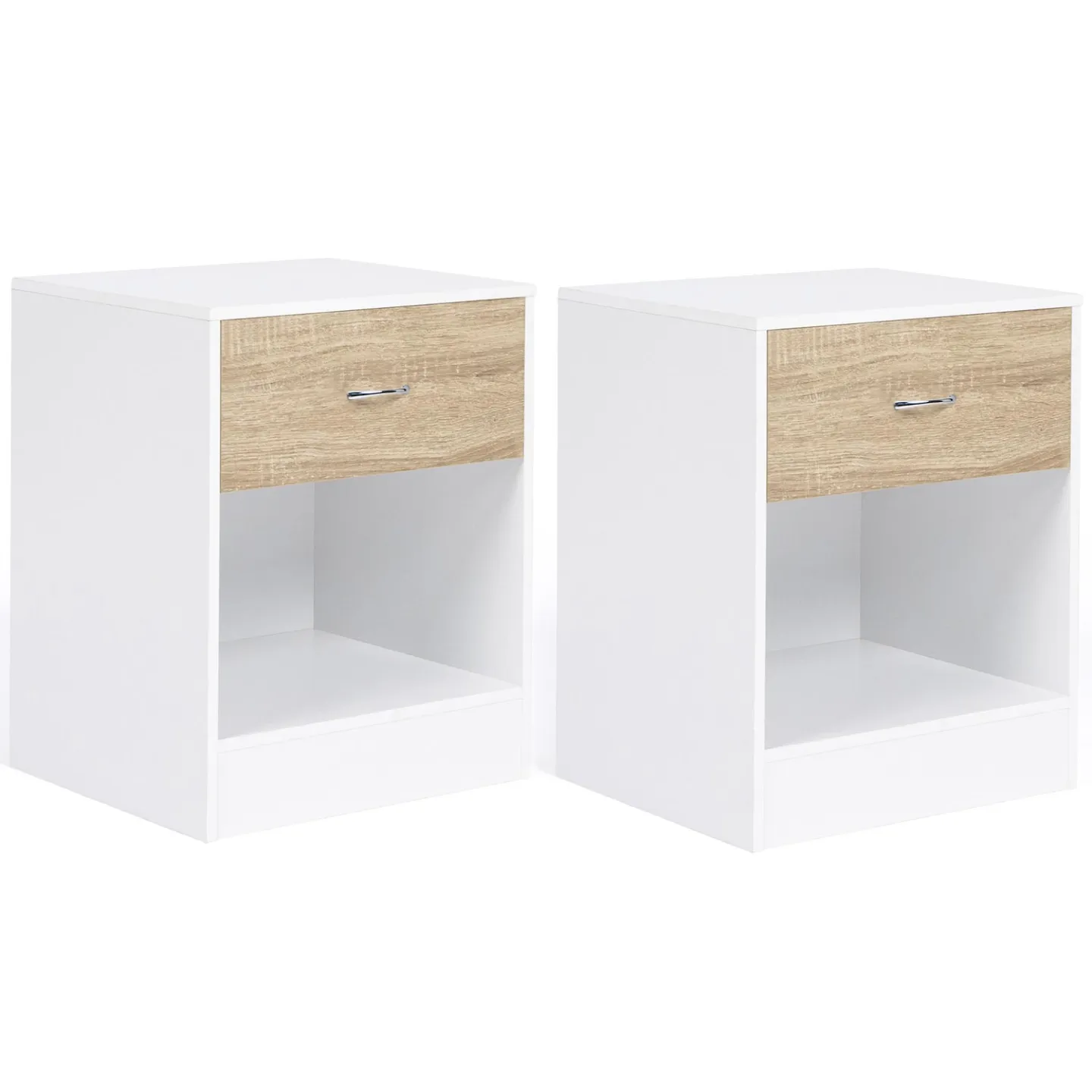 Lot de 2 tables de chevet OLGA 1 tiroir avec niche bois blanc et façon hêtre