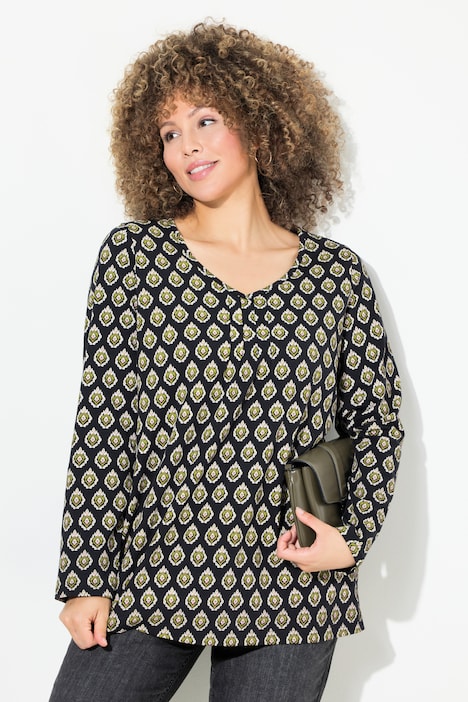 Shirt, Zierfalten, A-Linie, V-Ausschnitt, Langarm