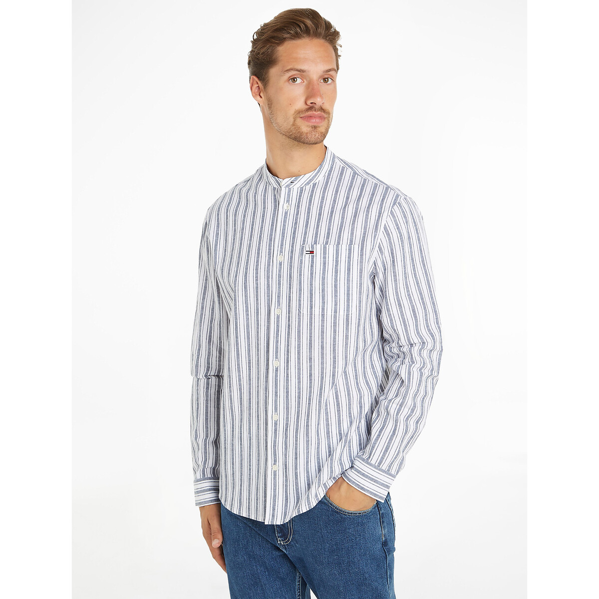 TOMMY JEANS<br>Camisa listrada de algodão/linho, gola mandarim