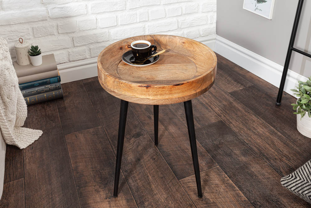 Massiver Beistelltisch PURE NATURE 35cm natur Mangoholz rund mit schwarzen Metallbeinen