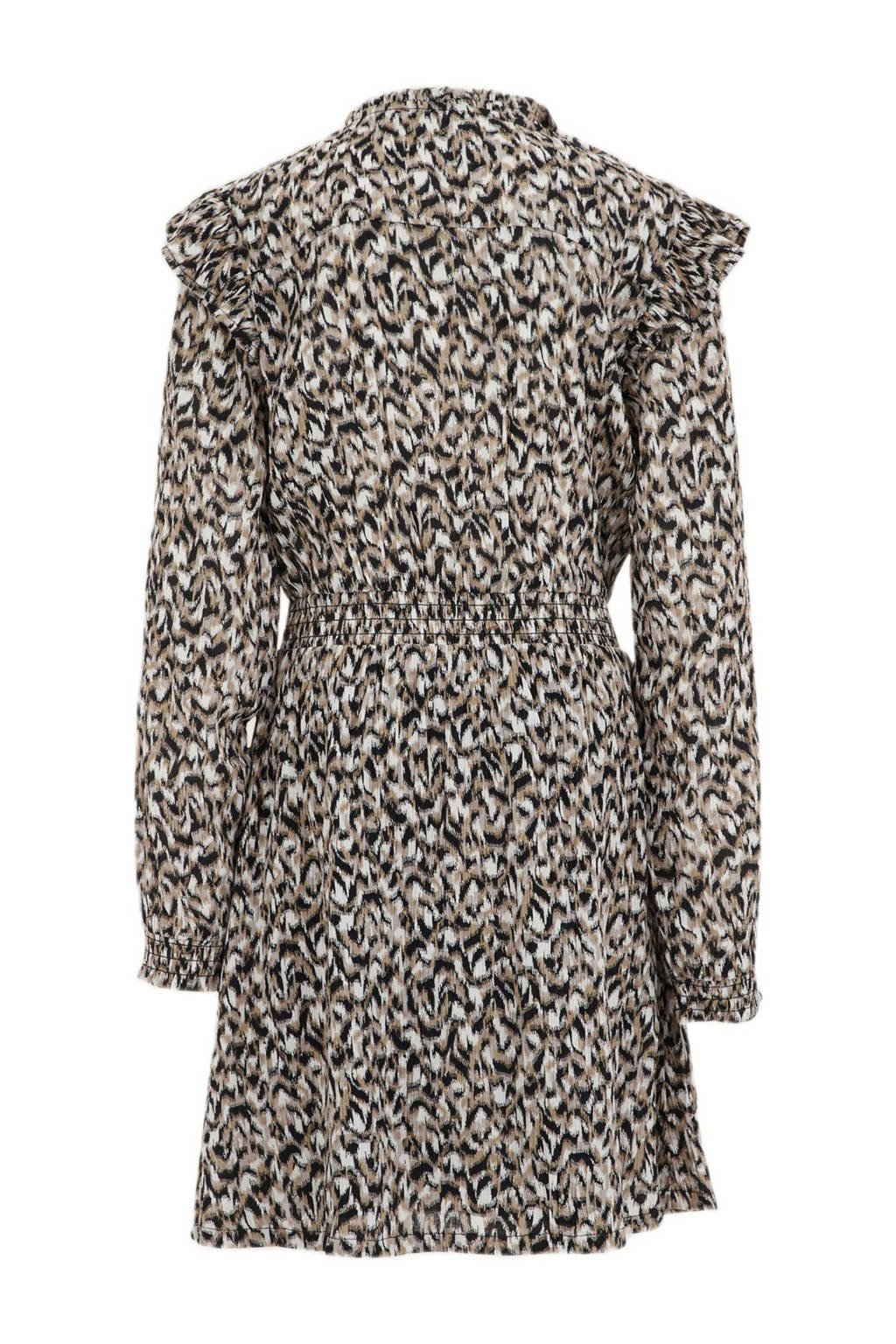 WE Fashion blousejurk met all over print en ruches beige/zand/zwart